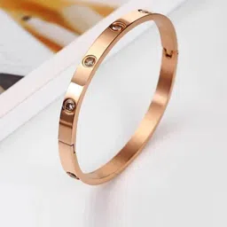 DN ENTERPRISES Stainless Steel Rose Gold-Plated Cubic Zirconia Studded Kada Bracelet-7