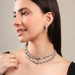 EIT Collection Silver Plated Cubic Zirconia Studded Two Layer Jewellery Set-image-55