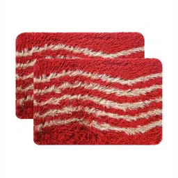 Aura Set Of 2 Cream & Red Striped Cotton Bath Rugs-30