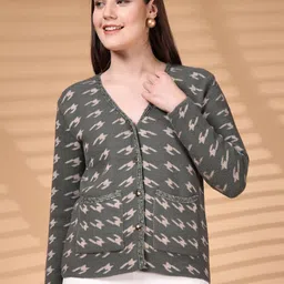 Thirty Threads Conversational Printed V-Neck Woollen Cardigan-picture-5