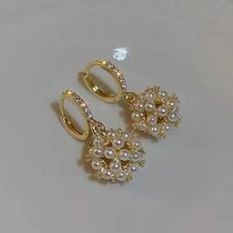 PolluxCraft Korean Gold-Plated Stones Studded & Pearls Beaded Contemporary Hoop Earrings-image-89