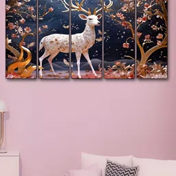 Livin'luxe Navy Blue & White 5 Piece Canvas Birds and Animals Wall Paintings-image-5