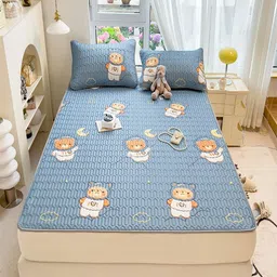 JC HOME Blue & Orange Graphic 160 TC Fitted King Bedsheet with 2 Pillow Covers-image-98