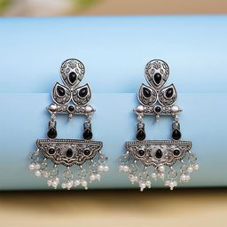 Zoey Silver Plated Artificial Stones Studded & Beaded Oxidised Contemporary Drop Earrings-2