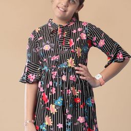 V-Mart Girls Tie-Up Neck Floral Print Fit & Flare Dress-picture-23
