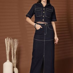 plusS Solid Shirt collar Top With Skirt Co-Ords-image-44