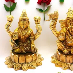 Nyra Kitchenware Brass Laxmi Ganesha Idol Sitting Lakshmi Ganesh Murti Peetal Statue-image-3