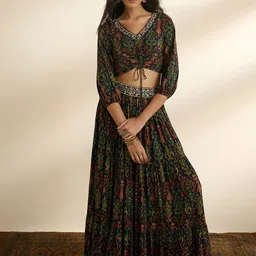 Global Desi Printed V Neck Top & Skirt-picture-29