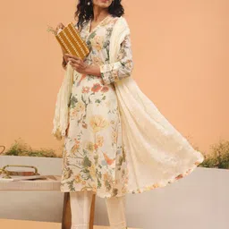 ARAVALII Floral Printed V-Neck Pure Cotton Straight Kurta With Trousers And Dupatta-30