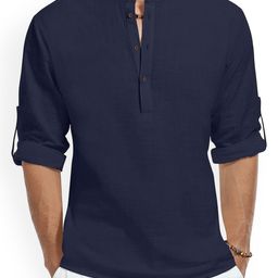 Fifth U Band Collar Roll-Up Sleeves Straight Short Kurta-image-48