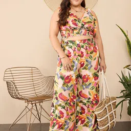 Berrylush Curve Pink Printed Shoulder Straps Neck Sleeveless Top With Trouser-image-14