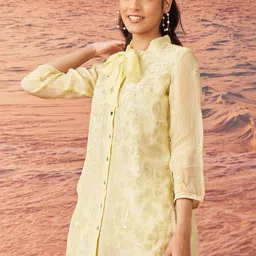 Lakshita Women Yellow Embroidered Tie-Up Neck Organza Shirt Style Top-picture-27