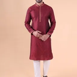 AURIK Men Maroon Pure Silk Kurta Sets-image-63