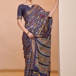 Sangria Blue Printed Silk Blend Block Print Sarees-picture-32