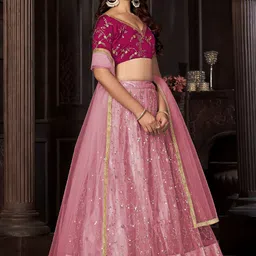 Warthy Ent Embroidered Sequinned Net Semi-Stitched Lehenga & Unstitched Blouse & Dupatta image 3