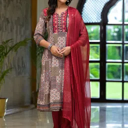Juniper Ethnic Motifs Printed Notch Neck Thread Work A-Line Kurta With Trousers & Dupatta-picture-11