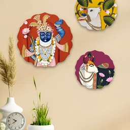 ArtVibes 3-Pcs Maroon & Yellow Pichwai Printed Wooden Wall Hangings-5