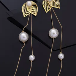 VESTIDO MODAS Gold-Plated Pearls Beaded Leaf Shaped Drop Earrings-10