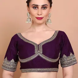 SALWAR STUDIO Embroidered Silk Sweetheart Neck Saree Blouse-image-59