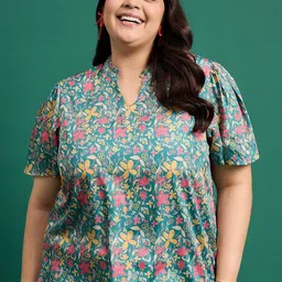 ANJIR Plus Size Floral Printed Mandarin Collar Top-image-3