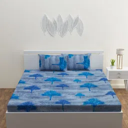 HAPPY HUES Blue & Grey Floral 180 TC King Bedsheet with 2 Pillow Covers-image-32