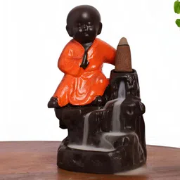 INTERNATIONAL GIFT Orange Chinese Monk Buddha & Smoke Fountain Fengshui Figurine Showpiece-12