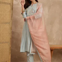 all about you Embroidered Notch Neck Thread Work Straight Kurta With Trousers & Dupatta-image-81