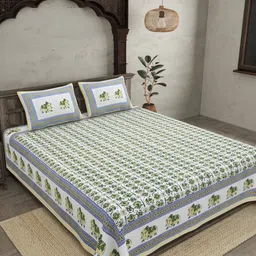 JAIPUR FABRIC Blue & White Floral 144 TC King Bedsheet with 2 Pillow Covers-image-91