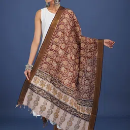 Taavi Floral Kalamkari Printed Zari Pure Cotton Dupatta-picture-42