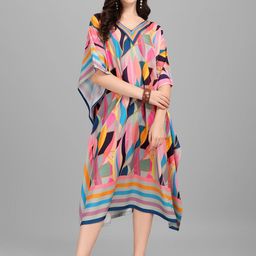 Exotic India Tri-Color Rayon Kaftan with Printed Stripes And Leaves-image-2