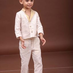 MIRALI Boys Pallav Mandarin Collar Zari Pure Cotton Kurta With Trouser-image-36