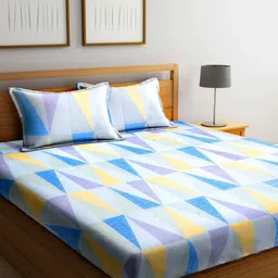 Myntra Elegant Homes Blue & Grey Geometric 300 TC King Bedsheet with 2 Pillow Covers-image-86