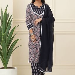 Feel Clath Floral Printed Notch Neck Pure Cotton Kurta With Trousers & Dupatta-picture-49