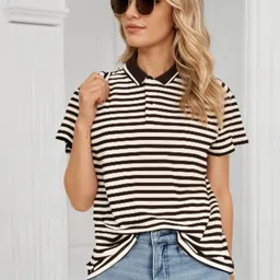 VIMAL JONNEY Women Regular Fit Striped Polo Collar Cotton T-shirt-image-8