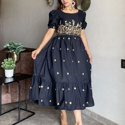 FFI Women Black Midi Dress with Golden Floral Yoke Embroidery and Star Motif Print-image-2