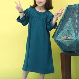 Baawri Girls Teal Round Neck Fit & Flare Cotton Dress-image-25