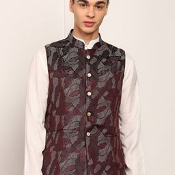 House of Pataudi Woven Design Mandarin Collar Nehru Jacket-image-75