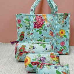 Gulaab Jaipur Unisex Floral Printed Structured Pure Cotton Tote Bag With 3 Pouches-10