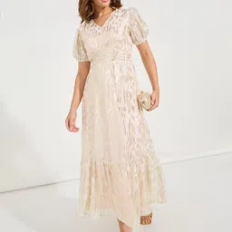 Styli Peach-Coloured Self Design V-Neck Puff Sleeves Tiered Detail Maxi Dress-picture-5