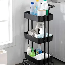 KriShyam Black Metal 3-Tier Mesh Rolling Utility Cart With Lockable Wheels image 5