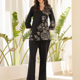 JISORA Women's Black Printed Cotton Top With Trousers Co-Ords-picture-4