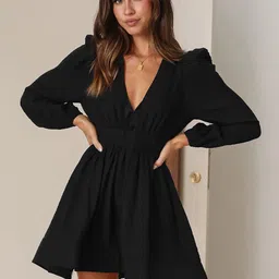 HERE&NOW Solid Puff Sleeve Fit and Flare Mini Dress-image-3