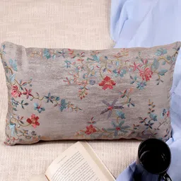 Khaabka Grey & Blue Sajawat-E-Khwaab 2 Pieces Floral Jaquard Silk Rectangle Cushion Covers-image-71