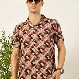 Mast & Harbour Men Cuban Collar Graphic Printed Cotton Casual Shirt-image-80