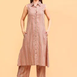 AKANYA Pure Cotton Printed Collared Neck Sleeveless Tunic With Trouser Co-Ords-image-6