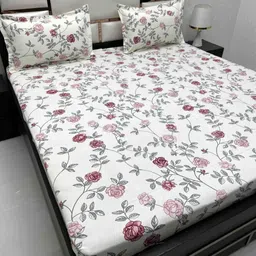 Pure Decor White & Pink Floral 220 TC Queen Bedsheet with 2 Pillow Covers-image-32