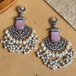 NAMAN ARTS Silver Plated Artificial Stones Studded and Beaded Contemporary Drop Earrings-picture-8