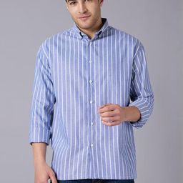 Mast & Harbour Navy Blue & White Striped Relaxed Fit Casual Shirt-image-17