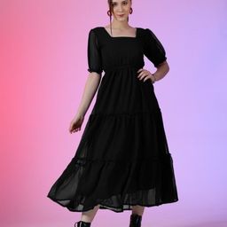 Femvy Women Puff Sleeve Tiered Fit & Flare Maxi Dress-picture-37