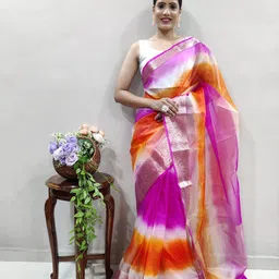 KALINI Tie and Dye Zari Organza Handloom Leheriya Saree-image-54